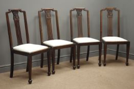 Set four Edwardian mahogany dining chairs, shaped cresting rail, carved and pierced splat,