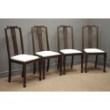 Set four Edwardian mahogany dining chairs, shaped cresting rail, carved and pierced splat,