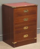 Military style mahogany pedestal chest, inset tooled leather top, four drawers with brass handles,