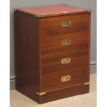 Military style mahogany pedestal chest, inset tooled leather top, four drawers with brass handles,