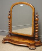 Victorian mahogany arched dressing mirror, barley twist supports, shaped base, carved feet, W70cm,