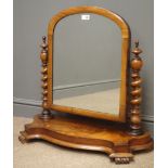 Victorian mahogany arched dressing mirror, barley twist supports, shaped base, carved feet, W70cm,