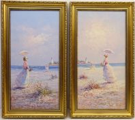 Figures in a Coastal Landscape, pair of 20th century oils on canvas signed by J.