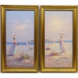 Figures in a Coastal Landscape, pair of 20th century oils on canvas signed by J.