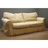 Ikea two seat Ektorp sofa bed, upholstered in beige fabric, plus full set of spare covers in cream.