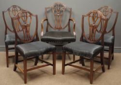 Set five (4+1) Hepplewhite style mahogany dining chairs, (4+1), arched cresting rail, pierced splat,