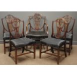 Set five (4+1) Hepplewhite style mahogany dining chairs, (4+1), arched cresting rail, pierced splat,