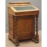 Victorian inlaid walnut Davenport, pen compartment above sloped hinged leather inset top,