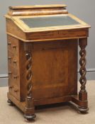 Victorian inlaid walnut Davenport, pen compartment above sloped hinged leather inset top,