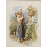 Girl Holding a Child, colour print after Myles Birket Foster (British 1825-1899) 12.5cm x 9.