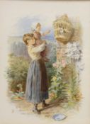 Girl Holding a Child, colour print after Myles Birket Foster (British 1825-1899) 12.5cm x 9.