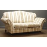 Duresta two seat sofa upholstered in chenille stripe cover, mahogany finish supports,