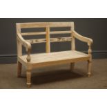 Child's bench, carved and pierced back supports, reeded arm rests, turned and fluted supports,