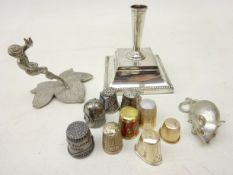 Edwardian silver desk top pen stand Sheffield 1901, one silver and other thimbles,