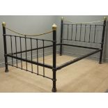 Victorian style 4" 6' cast iron black and brass finish double bedstead, W139cm,