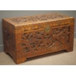 Heavily carved Eastern chest with wildlife and foliage, camphor wood lining on bracket supports,