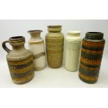 Five large West German vases/ stick stands, maximum H45.