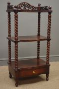 Victorian style mahogany whatnot, pierced and carved gallery, single drawer, W48cm, H97cm,