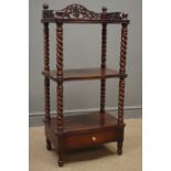 Victorian style mahogany whatnot, pierced and carved gallery, single drawer, W48cm, H97cm,