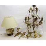 Two tier bronzed metal chandelier with faceted glass drops, H51cm excluding chain,