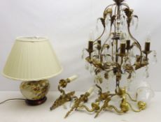 Two tier bronzed metal chandelier with faceted glass drops, H51cm excluding chain,