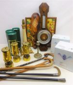 Three Hand Crafted miner's lamps, boxed, two 19th century walking sticks with silver mounts,