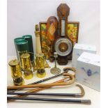 Three Hand Crafted miner's lamps, boxed, two 19th century walking sticks with silver mounts,