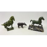 Archaic style patinated cast metal figure of a horse on rectangular marble base, H16cm,