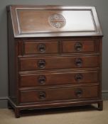 Hardwood fall front bureau, fitted interior, above two short and three long drawers, shaped apron,