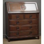 Hardwood fall front bureau, fitted interior, above two short and three long drawers, shaped apron,