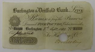 Burling and Driffield five pound banknote, issued for Harding & Co, 3rd September 1880,