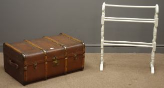 Early 20th century travelling trunk, hinged lid, securing clasps, dark red and wood finish, (W77cm,