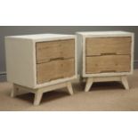 Pair rustic waxed paint finish and reclaimed pine two drawer bedside chests, W50cm, H56cm,