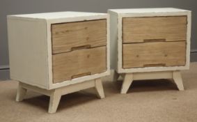 Pair rustic waxed paint finish and reclaimed pine two drawer bedside chests, W50cm, H56cm,