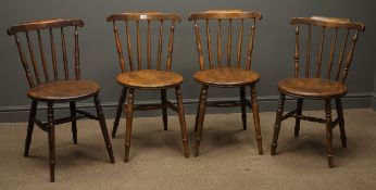Set four Victorian dining chairs, shaped cresting rail, stick back,
