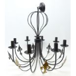 Modern black painted wrought iron eight light electrolier,