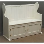 Panelled back church pew, white finish, two cupboard doors,