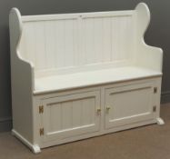 Panelled back church pew, white finish, two cupboard doors,