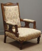 Edwardian oak armchair, shaped cresting rail, upholstered back and seat,