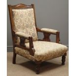 Edwardian oak armchair, shaped cresting rail, upholstered back and seat,