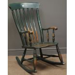 19th century elm and beech farmhouse rocking armchair, dark green finish, turned supports,