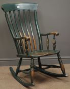 19th century elm and beech farmhouse rocking armchair, dark green finish, turned supports,