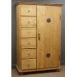 19th century French pine farmhouse larder cupboard, projecting cornice, six drawers,