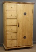 19th century French pine farmhouse larder cupboard, projecting cornice, six drawers,