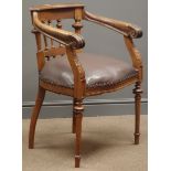 Early 20th century French oak, spindle back, open armchair, leather upholstered seat,