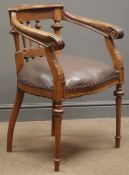 Early 20th century French oak, spindle back, open armchair, leather upholstered seat,