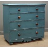 Early 20th century pine chest, two short three long drawers, teal finish, turned feet, W109cm,