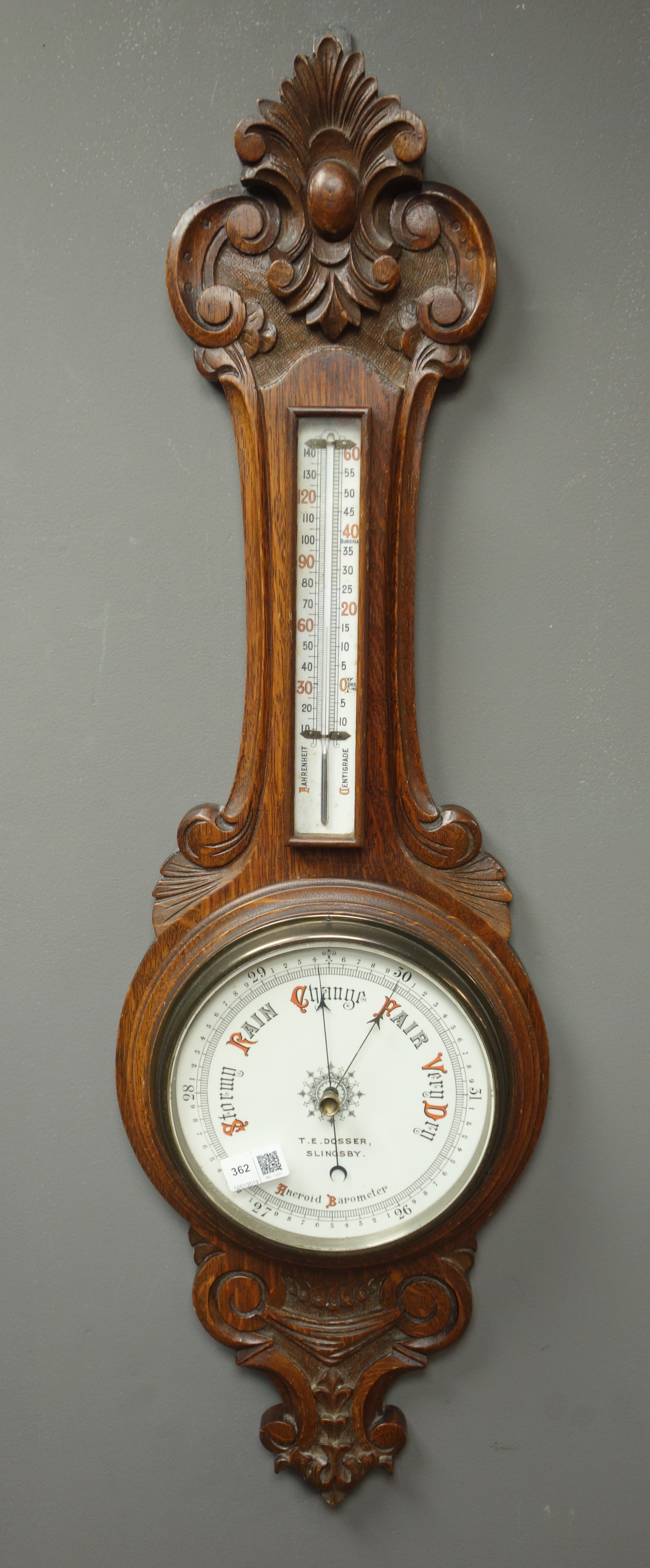 Early 20th century carved oak cased aneroid barometer with thermometer, - Image 2 of 2