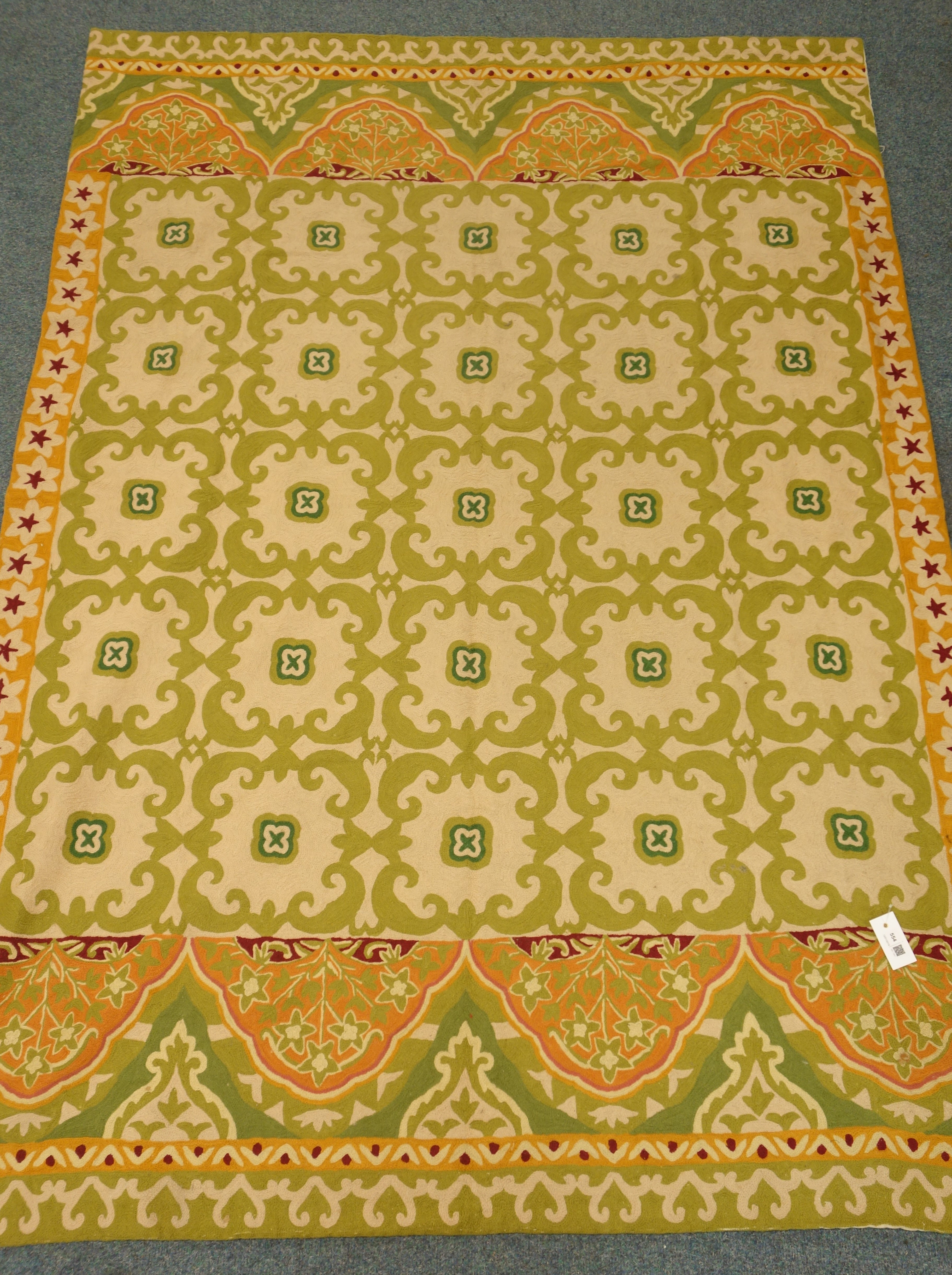 Kashmiri wool chain, hand stitched, yellow and green ground rug,