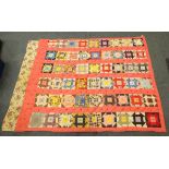 1960's American chintz patterned handmade patchwork quilt with pelmet, pink borers and black ties,